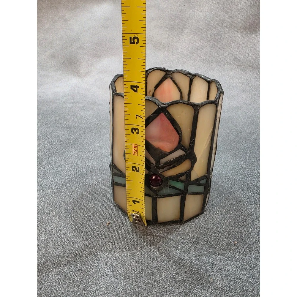 Vintage Stained Glass Votive Candle Holder Slag Glass Mission Style Cream Pink